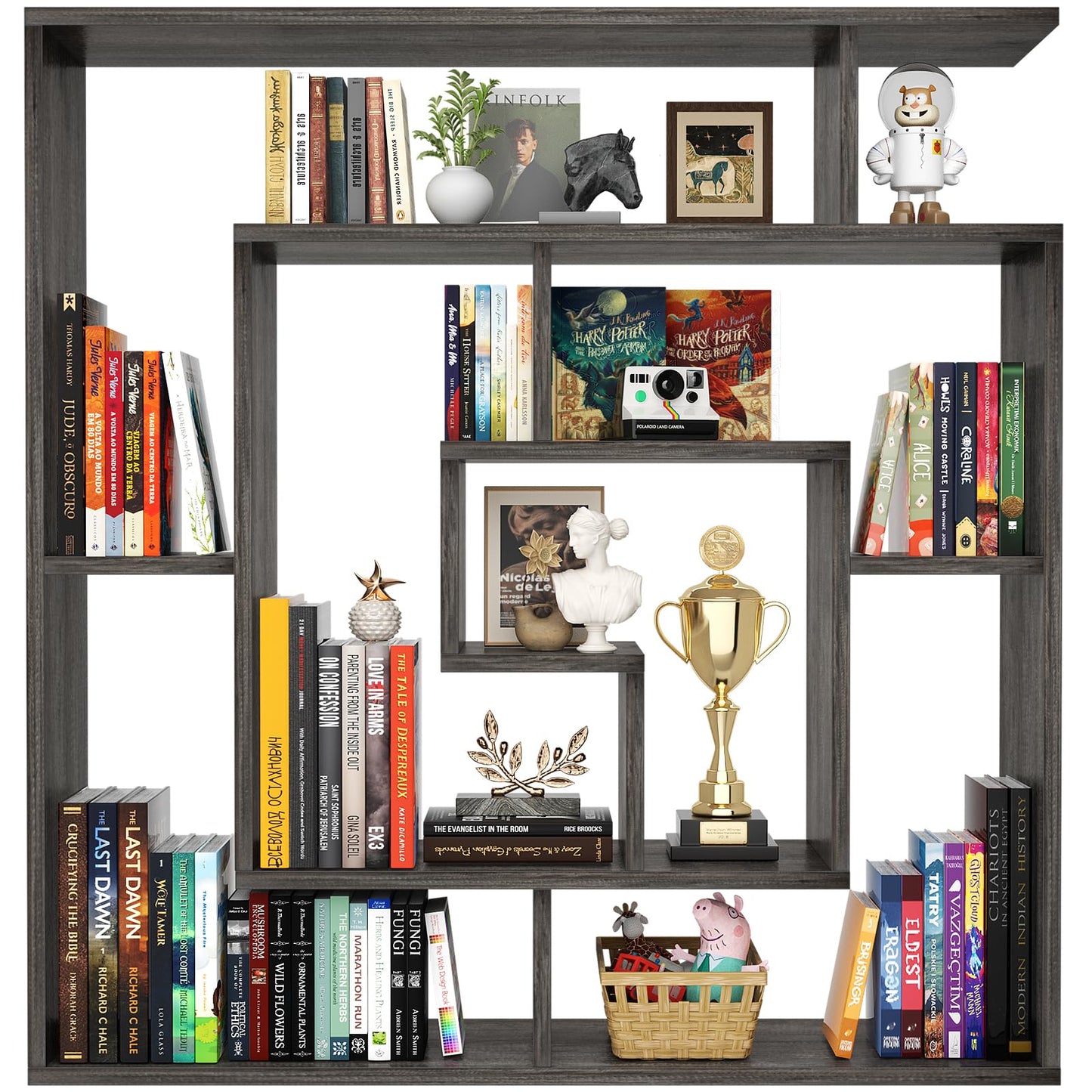 Armocity 6 Tier Display Book Shelf Wall Mounted Bookshelf Freestanding Geometric Bookcase Floating Book Shelves for Wall Bedroom Living Room Home Office, 45.5"(W) * 47"(H), Grey Oak