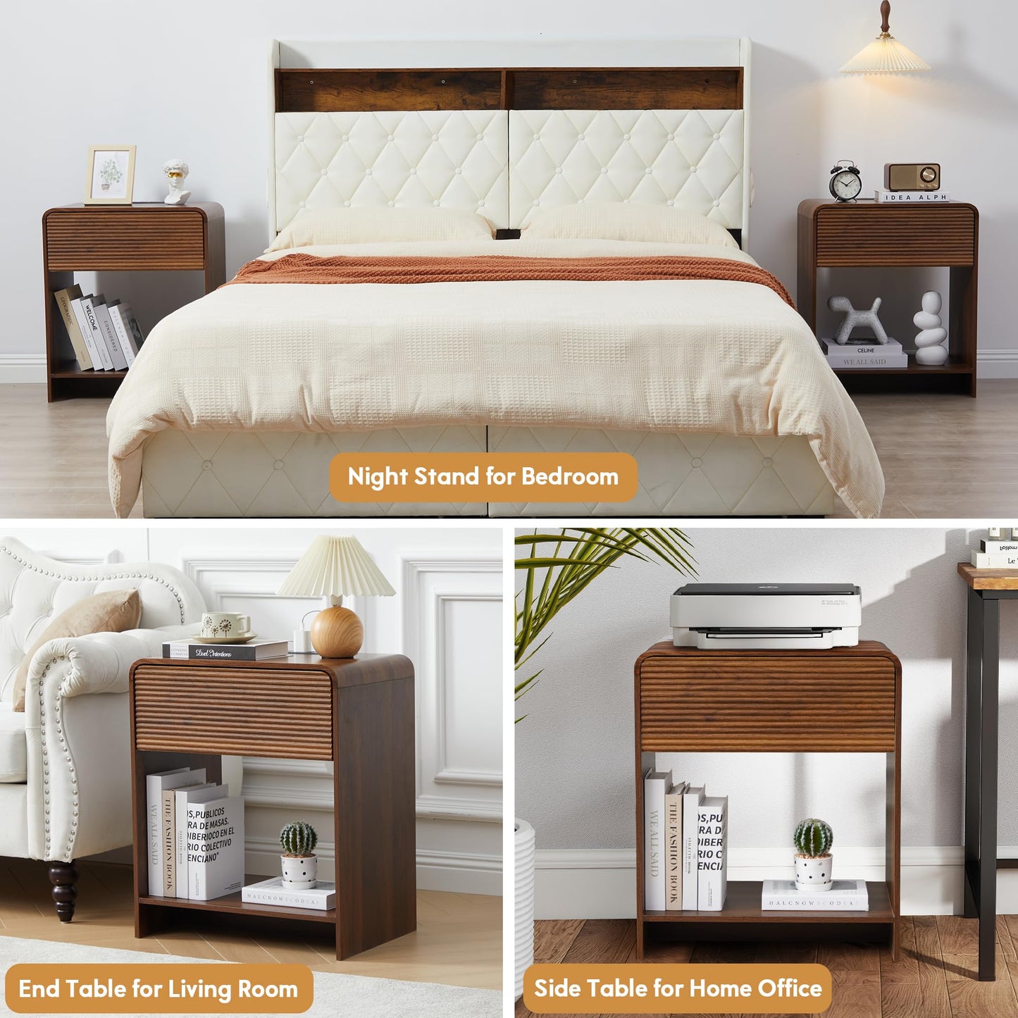 XUZENEST Fluted Nightstand with Charging Station, Mid Century Modern Bed Side Table End Table with Drawer Storage, Large Wooden Night Stands Bedside for Bedroom Living Room Sofa Office, Walnut