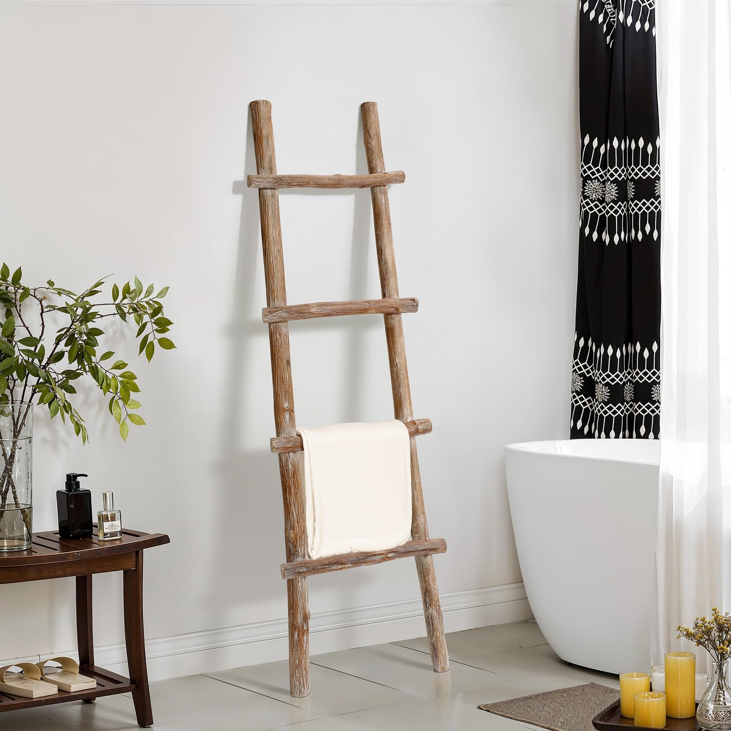 LuxenHome 60-Inch Tall Solid Wood Natural 4-Rung Blanket Ladder