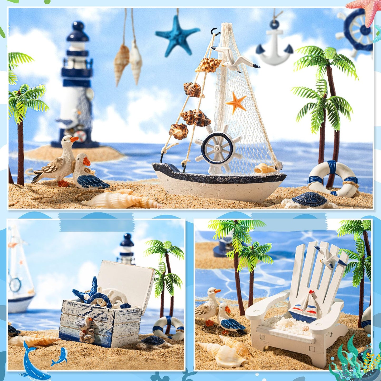 Yousoontic 14 Pack Mini Wood Nautical Home Decor Mediterranean Style Lighthouse, Beach Chair, Sailboat, Wood Box, Anchor, Life Ring, Starfish, Fish Pendant, Swimming Ring, Long Conch, Helmsman, Birds