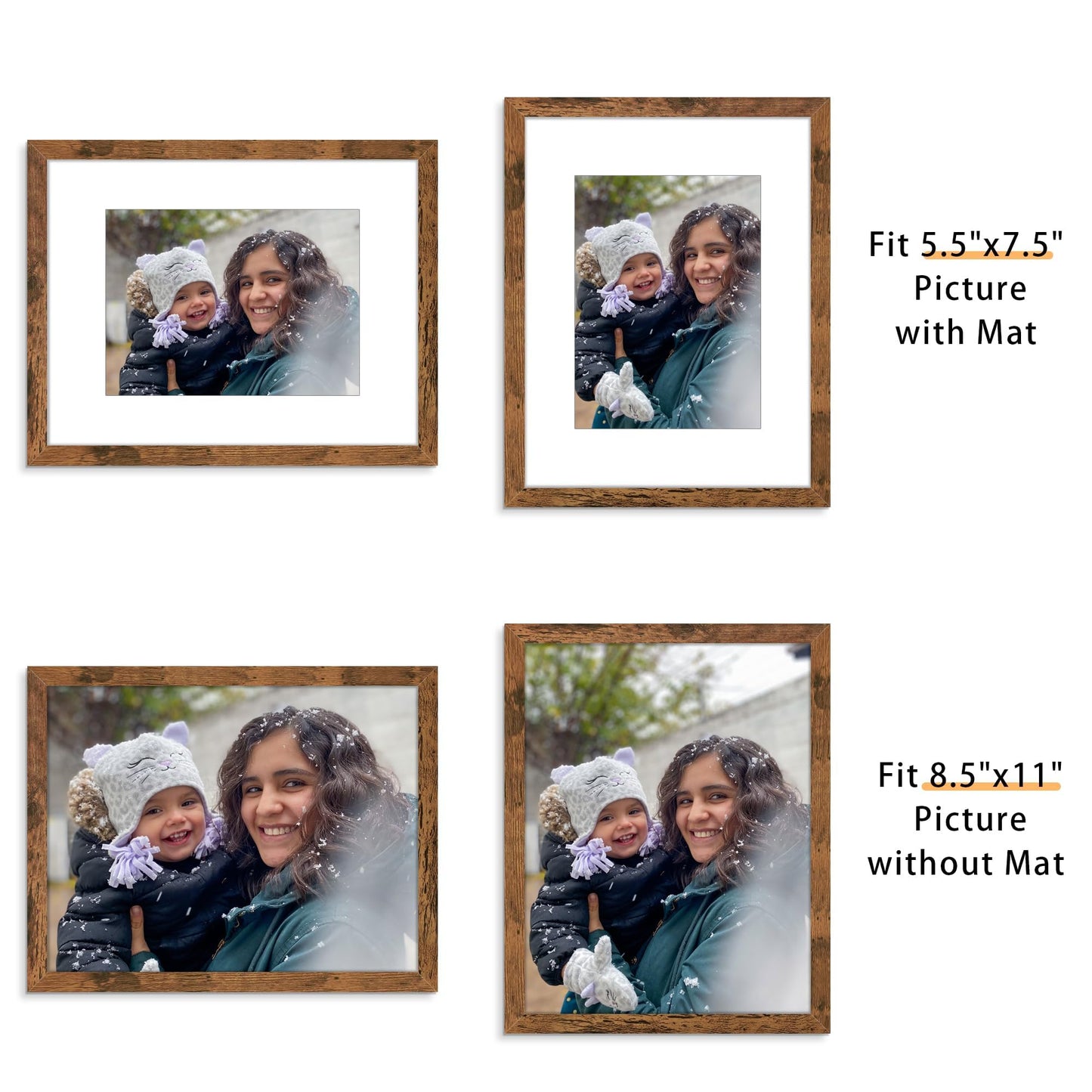 Picrit 8.5x11 Picture Frame Set of 12, Display 6x8 with Mat or 8.5 x 11 without Mat, Photo Frames for Wall Mounting or Table Top Display, Brown