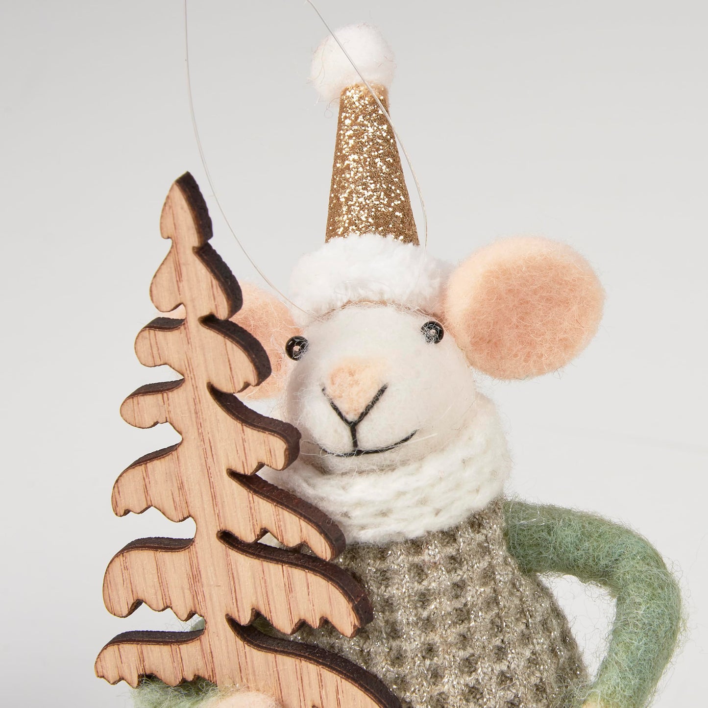 Primitives by Kathy Winter Mice Felt Collectible Critter Set, 6-Inch Handmade Wool Mice Duo with Glitter Hats Holding Wooden Tree & Snowflake, Winterscape Tiered Tray & Tree Decor