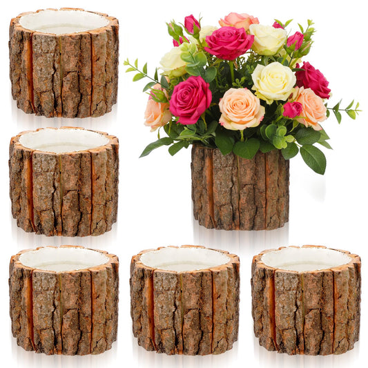 HANLANXUE 6 Pcs Wooden Vase for Centerpieces, Rustic Bark Stump Buckets Vintage Planter Pots for Garden Baby Shower Window Home Garden Wedding Party Decor