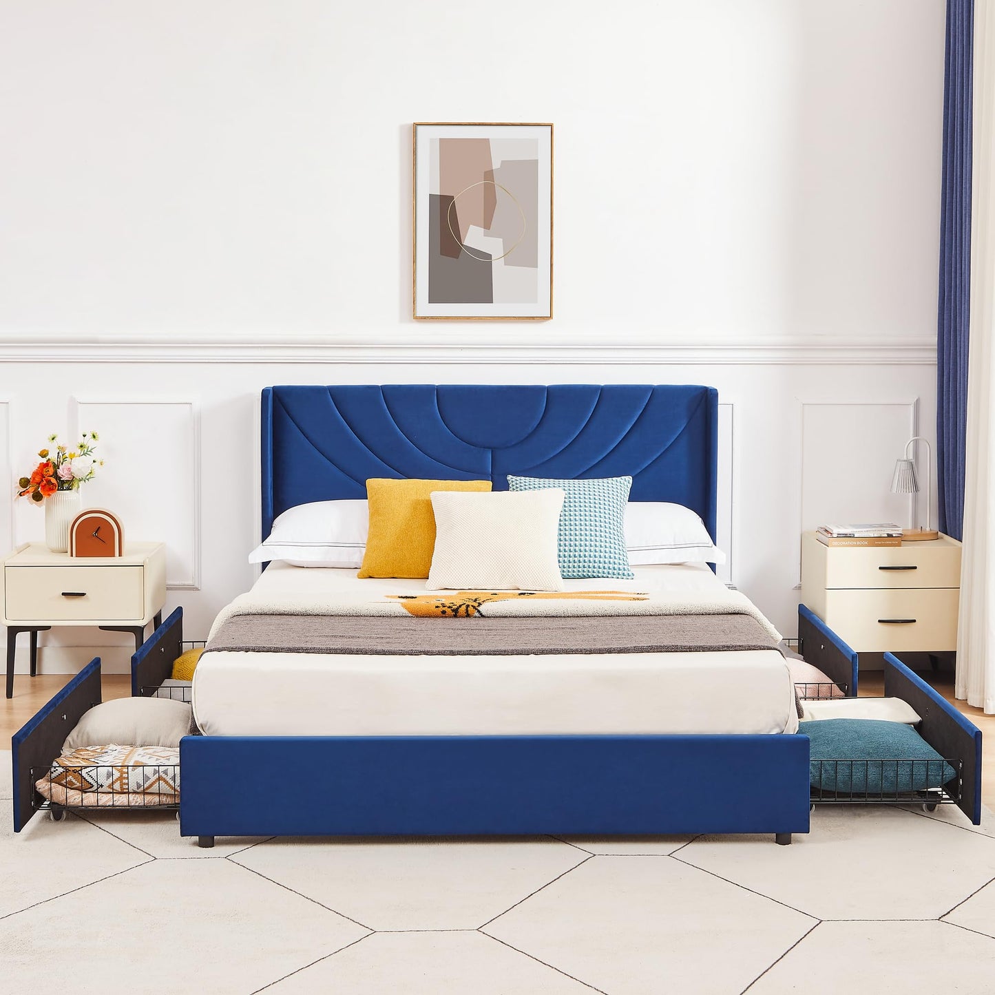VECELO Upholstered Platform Queen Bed Frame with 4 Storage Drawers & Wave Fabric Headboard,Wooden Slats Support/No Box Spring Needed/Mattress Foundation/Easy Assembly,Dark Blue