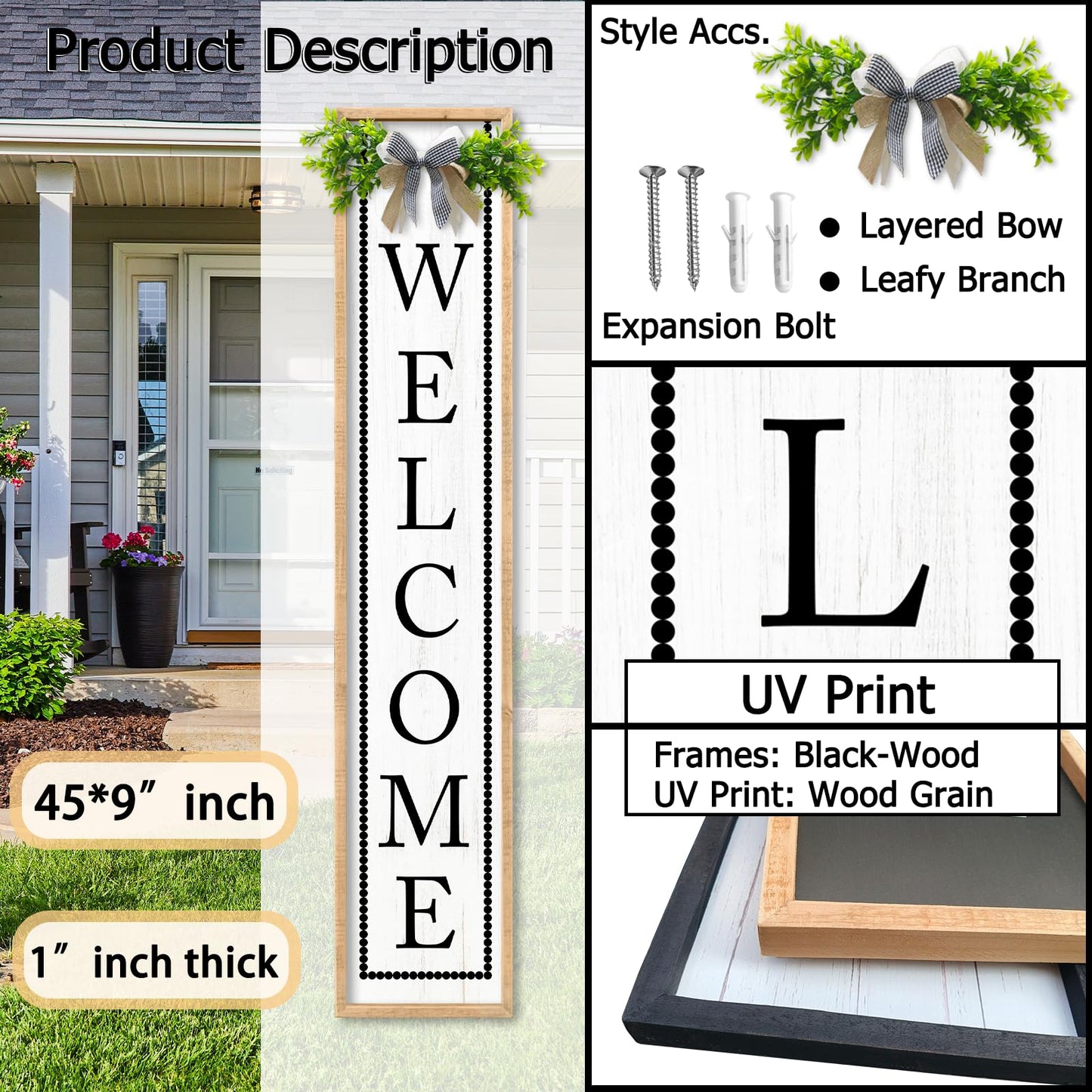Aurapeak Welcome Sign for Front Porch Door Standing, Outdoor Large Wooden Home Rustic Farmhouse Yard Vertical Hanging Modern Entryway Plaques Outside Decorations (45"X9" Wood)
