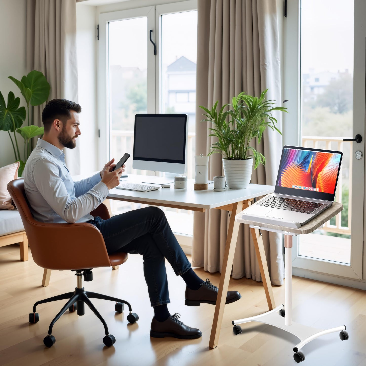 YUMFUN Rolling Laptop Floor Stand, Dual-Purpose for Desk & Floor, Adjustable Height from 16.5" to 51", with 4 Lockable Casters & Book Page Clips, Portable Laptop Stand (White Ash Finishing)