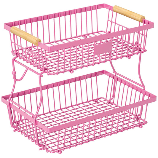 2 Tier Fruit Basket for Kitchen Counter with 2 Banana Hangers, Countertop Metal Fruit Bowl with Wooden Handle, Large Storage Stand for Vegetables, Snacks, Breads, Produce Storage – Rose Pink