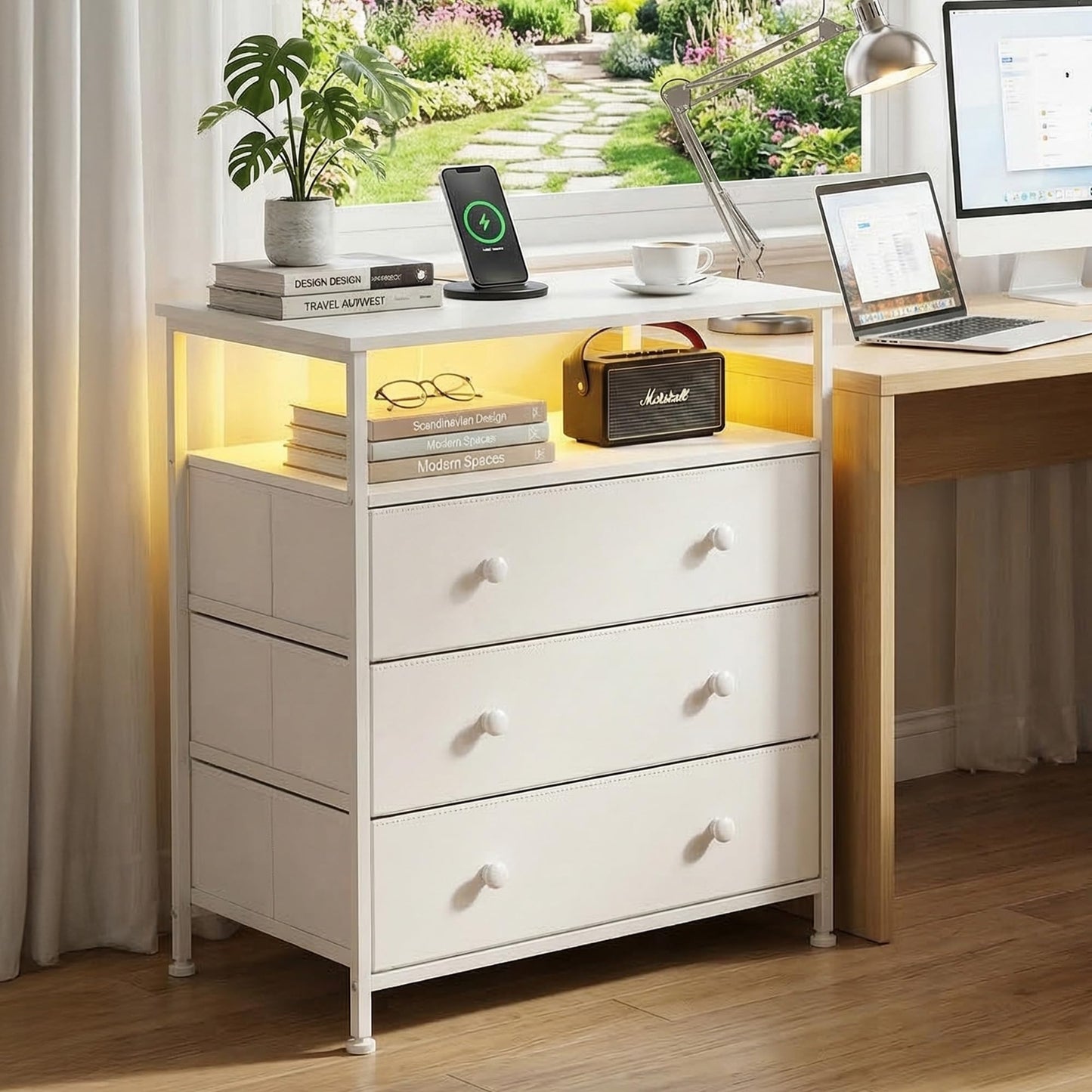 PATAVOT 3-Drawer LED Nightstand with Charging Station, White.