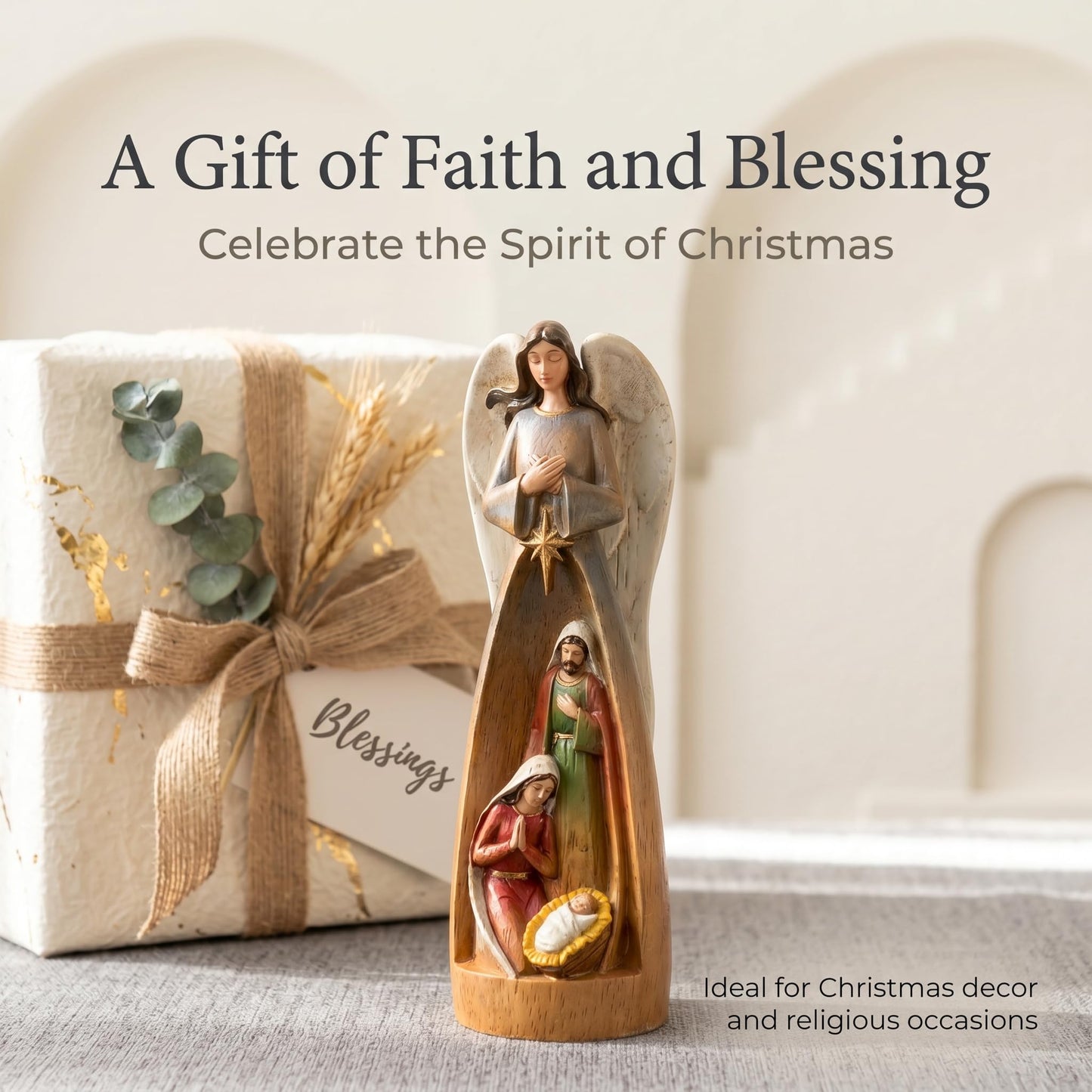 XXLTY Hand-Painted Wooden Carved Angel Nativity Scene Figurine Christmas Religious Decor Ornament for Home Table Display Holiday Decoration