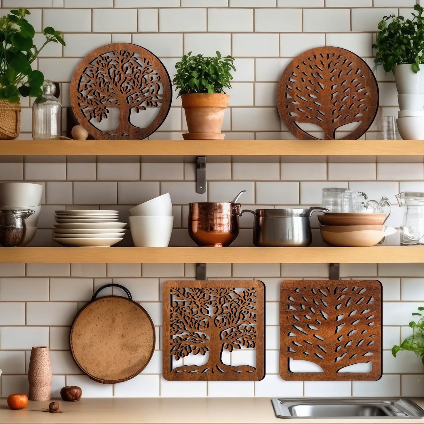 Beeveer 5 Pcs Life Tree Wooden Trivets with Storage Rack Hot Pads Trivets for Hot Dishes Pots and Pans Heat Resistant Mat Set Tea Pot Holders for Kitchen Dining Table(Dark Wood)