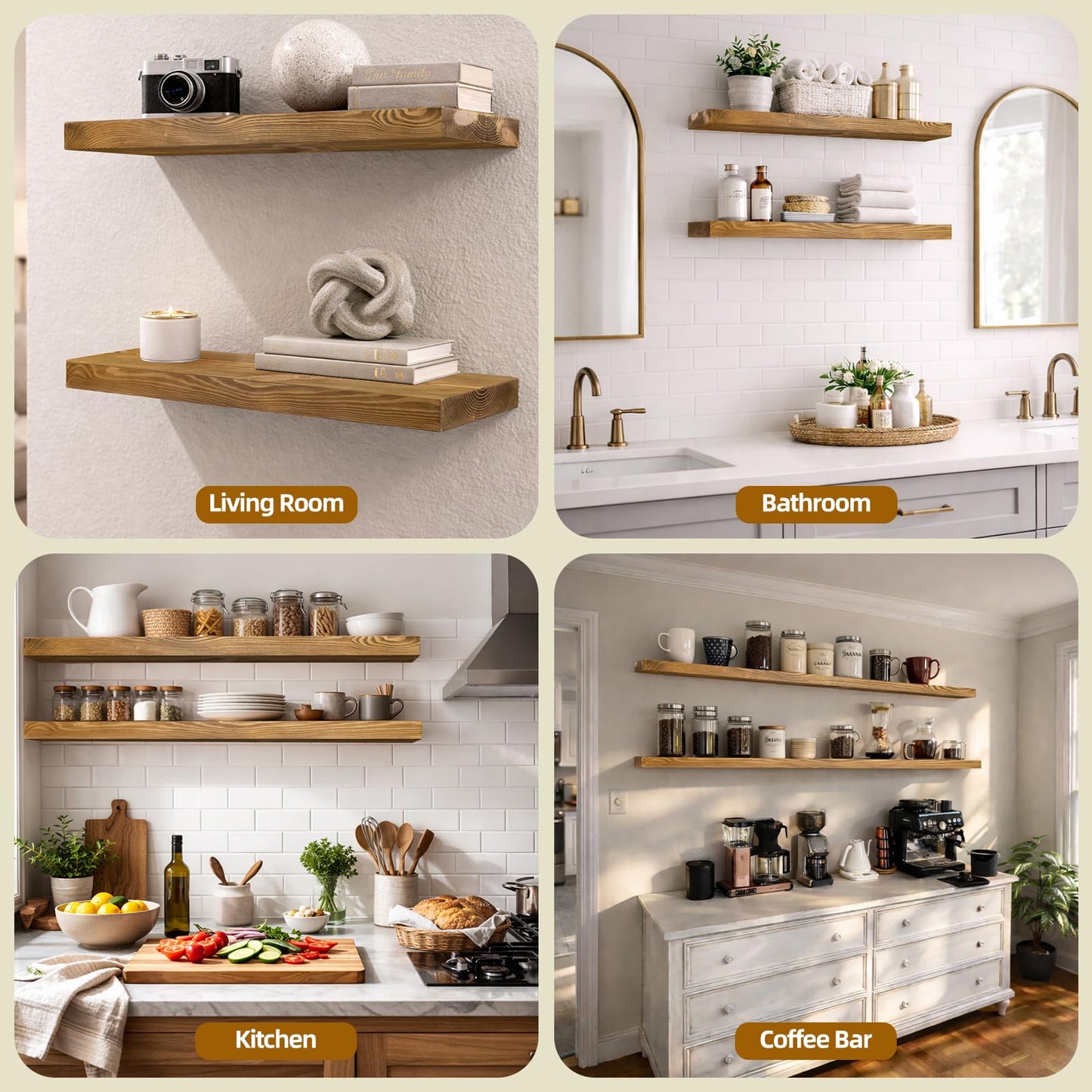 BANFFLOW 30 Inch Rustic Wood Floating Shelves for Wall, 8.66 Inch Deep Solid Wood Wall Shelf with Heavy Duty Hidden Bracket, Golden Oak, 30 × 8.66 × 2.28, for Living Room Bathroom Bedroom, Set of 2