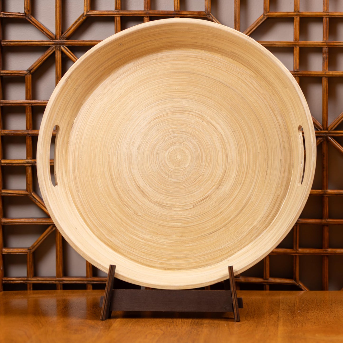 LEXA 15.7" Bamboo Round Serving Tray with Handles – Large Handcrafted Wooden Tray for Food, Ottoman, Coffee Table, Kitchen, or Charcuterie, Natural