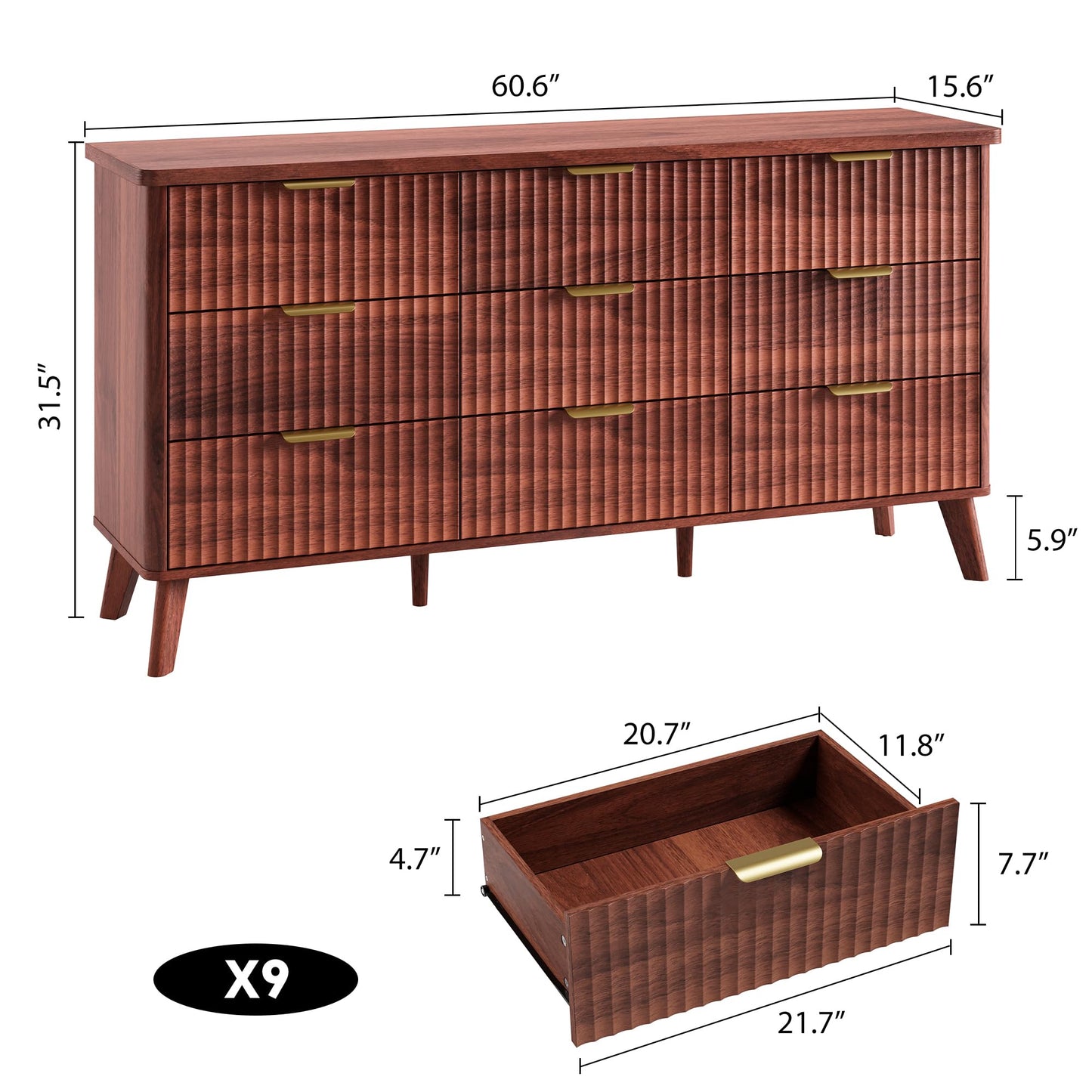 GarveeHome Fluted Dresser for Bedroom with 9 Deep Drawers, 60.6 in Wide Modern Chest of Drawers, Wooden Dresser TV Stand, Curved Profile Design, for Living Room, Kids Room, Hallway, Walnut