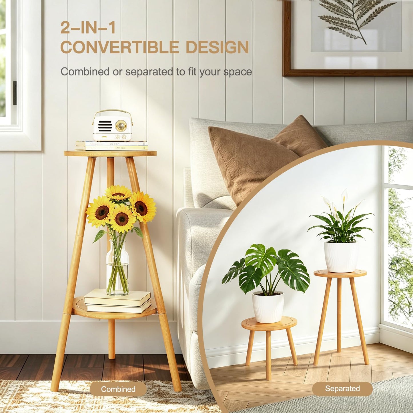 Jotsport Bamboo 2-Tier Plant Stand, 30" Tall 2-in-1 Convertible Flower Pot Holder, Heavy Duty 150 LBS Capacity, Multi-Use End Table for Window, Living Room, Balcony, Patio