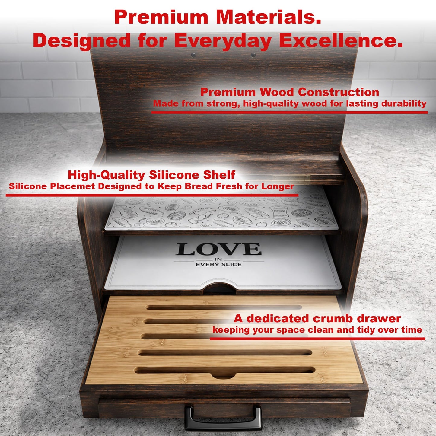 KNIFEPLANET Premium FULLY ASSEMBLED Rustic Bread Box – Extra Large Real Wood Bread Box for Kitchen Countertop Storage, Thick Durable Construction, Double Layer Design (17.5" x 10" x 12")