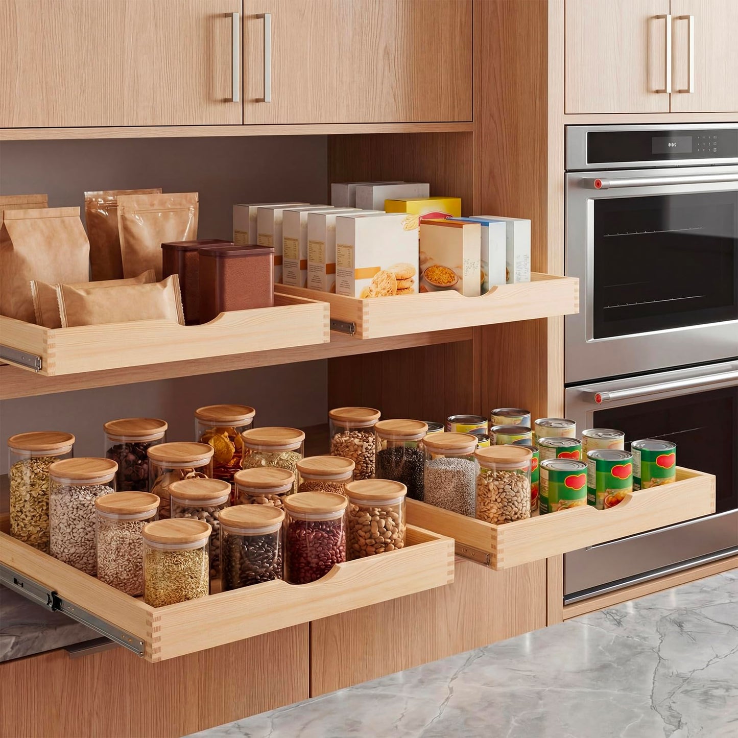 Sintuff 4 Pack Wooden Pull out Tray Cabinet Organizer Gentle Close Roll out Shelves for Kitchen Cabinets Fully Assembled Slide Pantry Shelves (26'' X 21'')