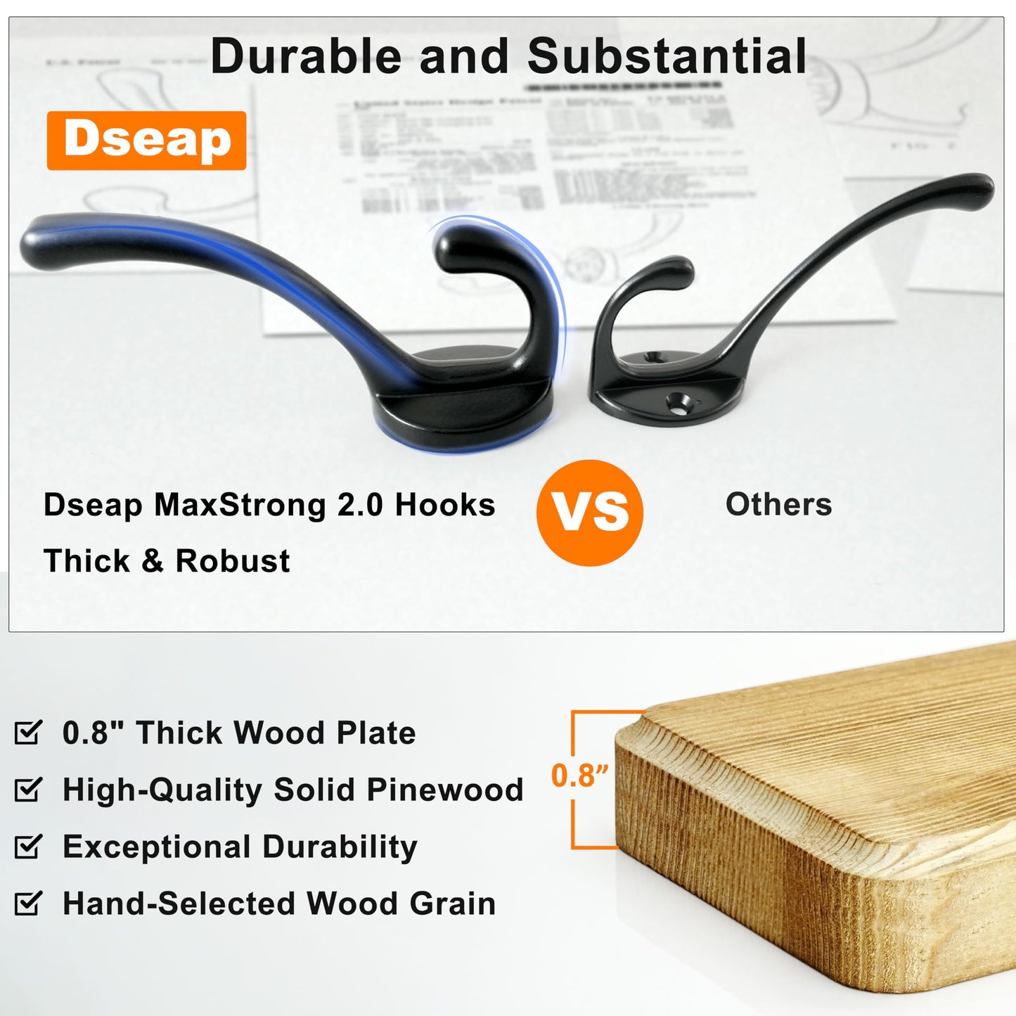 Dseap Coat Rack Wall: 38-1/4" Long, Patented, Heavy-Duty, 10-Double-Hooks Wooden Wall Mounted Coat Rack Coat Hanger Hook Rail for Winter Coats Hat Jacket Clothing, Weathered Blue, Pack of 2