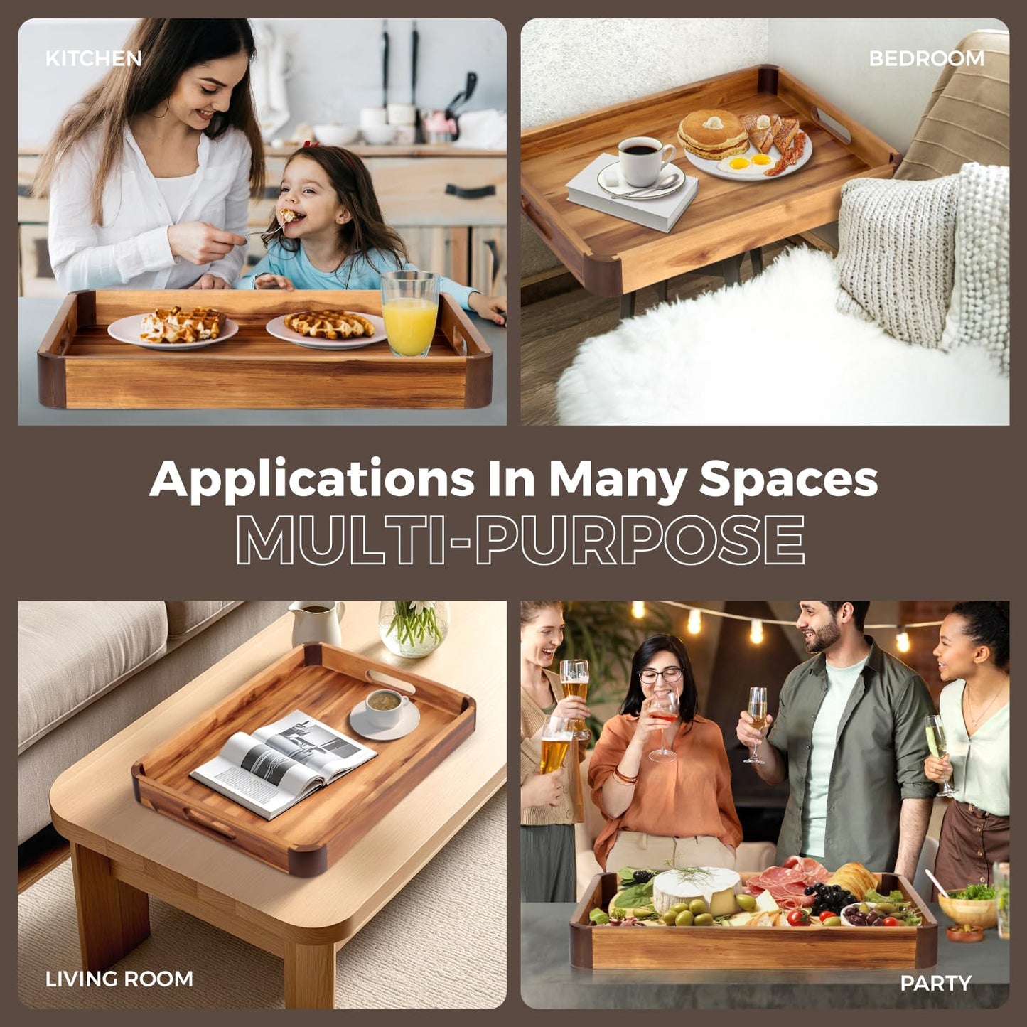 22 x 15.7 Inch Large Acacia Wood Serving Tray with Handles, Extra Spacious Decorative Wooden Tray with Dark Walnut-Tone Curved Corner Accents for Coffee Table, Ottoman & Kitchen Counter