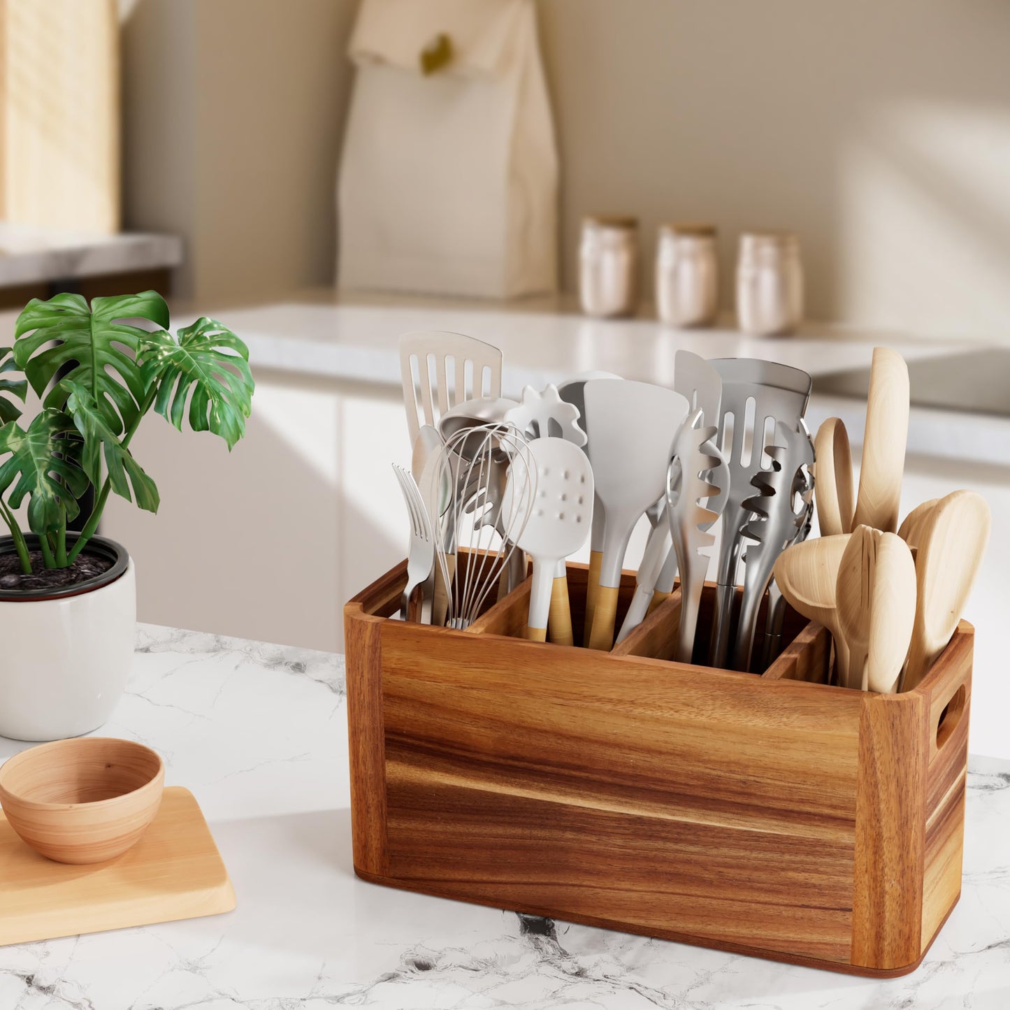 Segtenant Utensil Holder for Kitchen Counter, Extra Large Utensil Holder for Countertop with 4 Compartments Wooden Cooking Utensil Organizer for Spatula Kitchen Storage, Acacia Wood