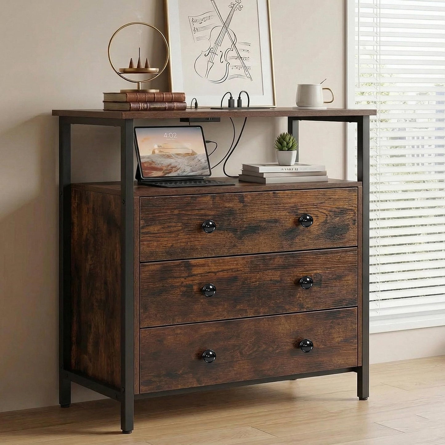 Edbuosy 3 Wooden Drawers Night Stand, 27 Inch Wide Nightstand with Charging Station and Adjustable Drawers, Small Dresser for Closet, Bedside Table for Living Room/Bedroom/Office, Retro Brown