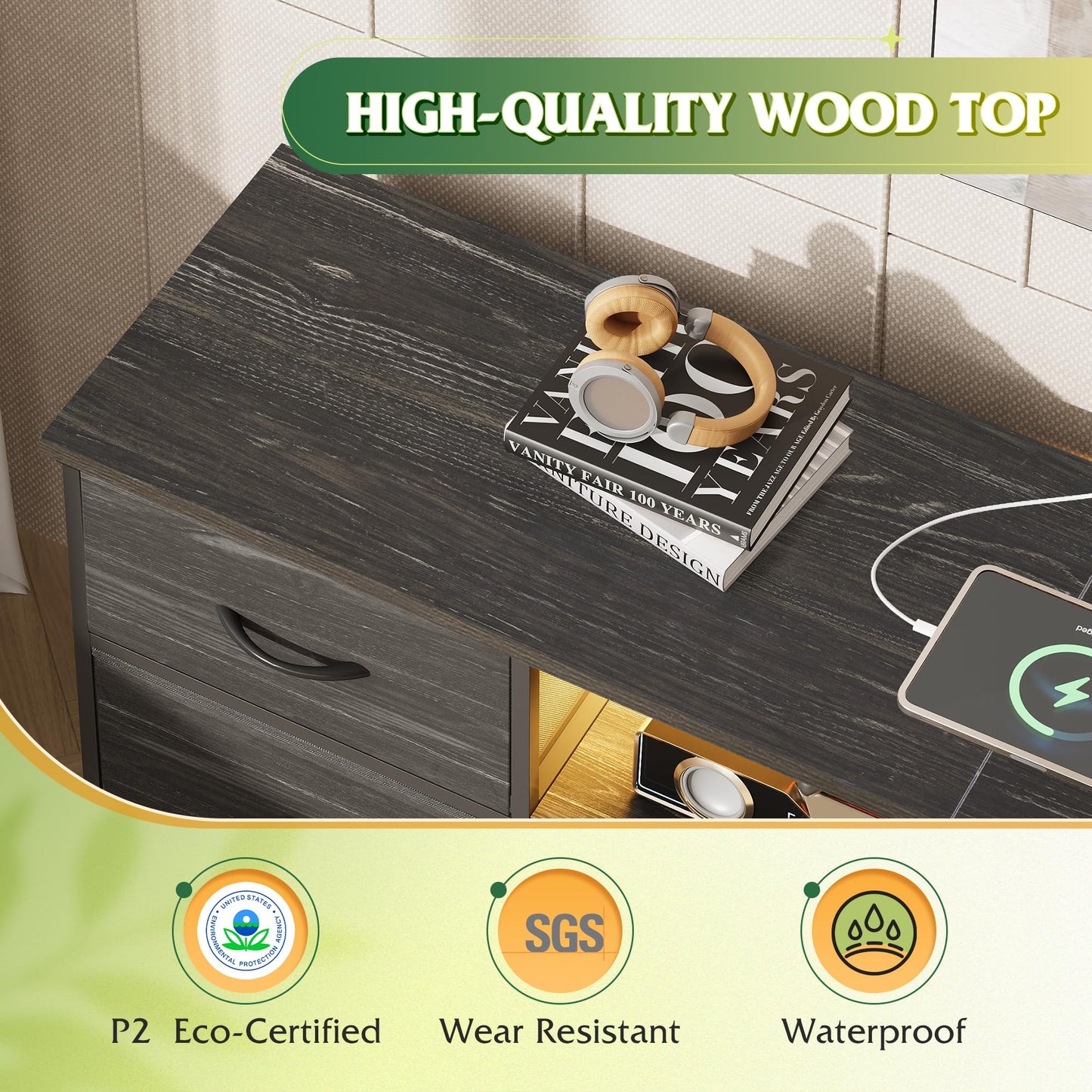 WLIVE Black Dresser TV Stand for 50, 55, 65 inch TV, Entertainment Center with LED Lights & Charging Station, Chest of Drawers with 8 Fabric Drawers and Open Shelves for Living Room, Bedroom, Wood Top