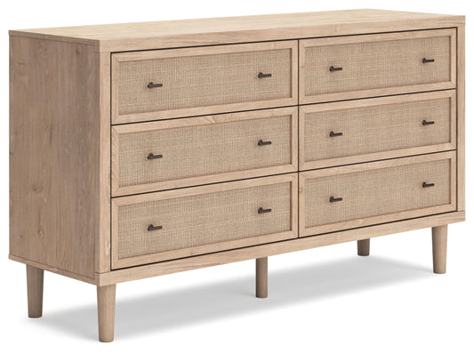 Signature Design by Ashley Cielden 6 Drawer Dresser, Quick 10-Minute Assembly, Textured Cane Details, Coastal Modern Bedroom Storage, Light Brown Two-Tone