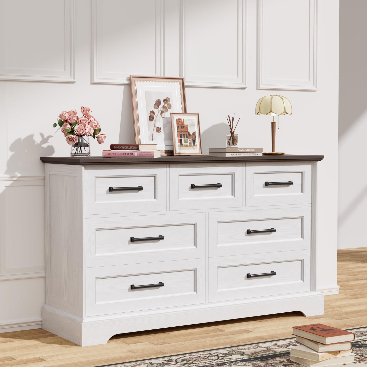 YESHOMY Dresser for Bedroom, Farmhouse 7 Drawers Dresser, Chest of Drawer Chest, Multi-Tier Clothing Storage Cabinet, White and Brown