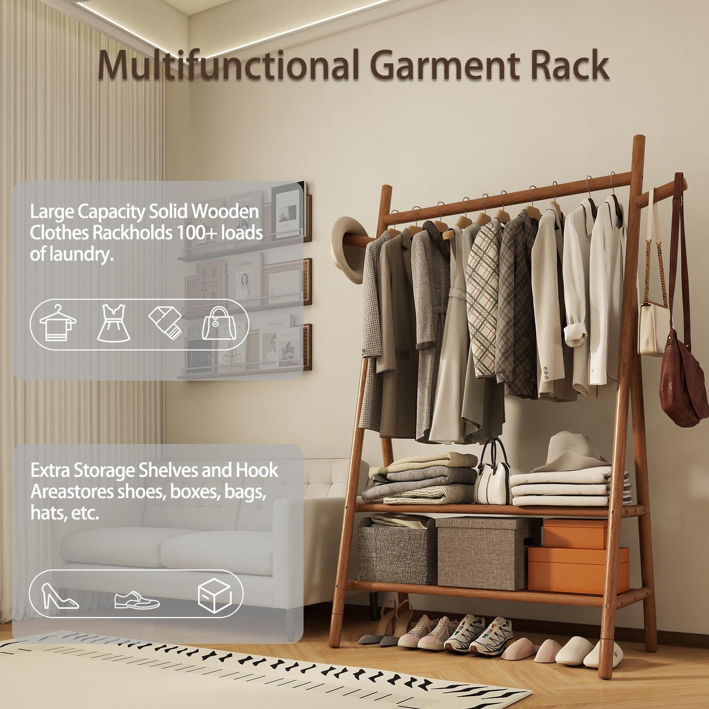 Solid Wood Clothes Rack with 2 Shelves & Hooks, Freestanding Garment Rack & Coat Rack Load 350 Lbs for Hanging Clothes & Organizer, Simple and Practical for Entryway Bedroom Living Room 39.5W