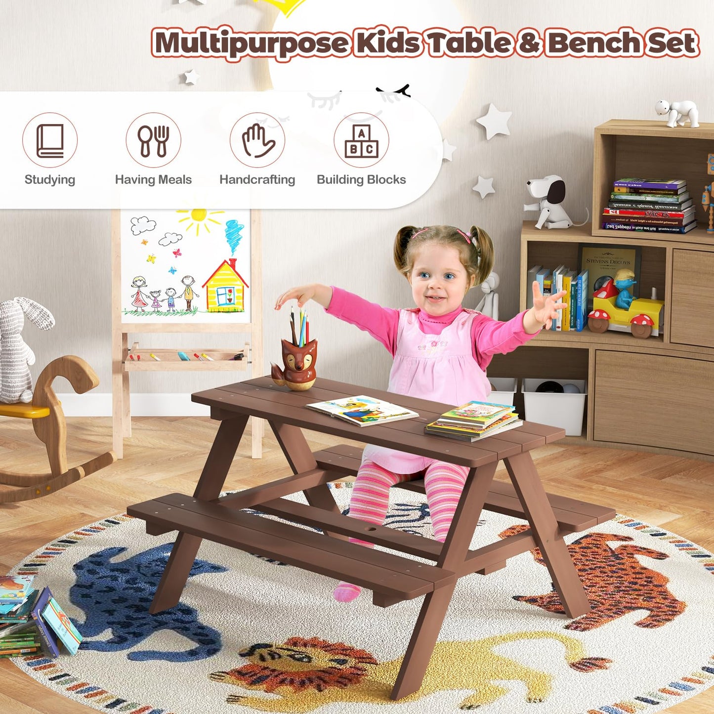 HONEY JOY Kids Picnic Table, Toddler Outdoor Table & Bench Set, Wooden Children Patio Furniture with Folding Umbrella, Kids Picnic Tables for Outdoors, Gift for Boys Girls
