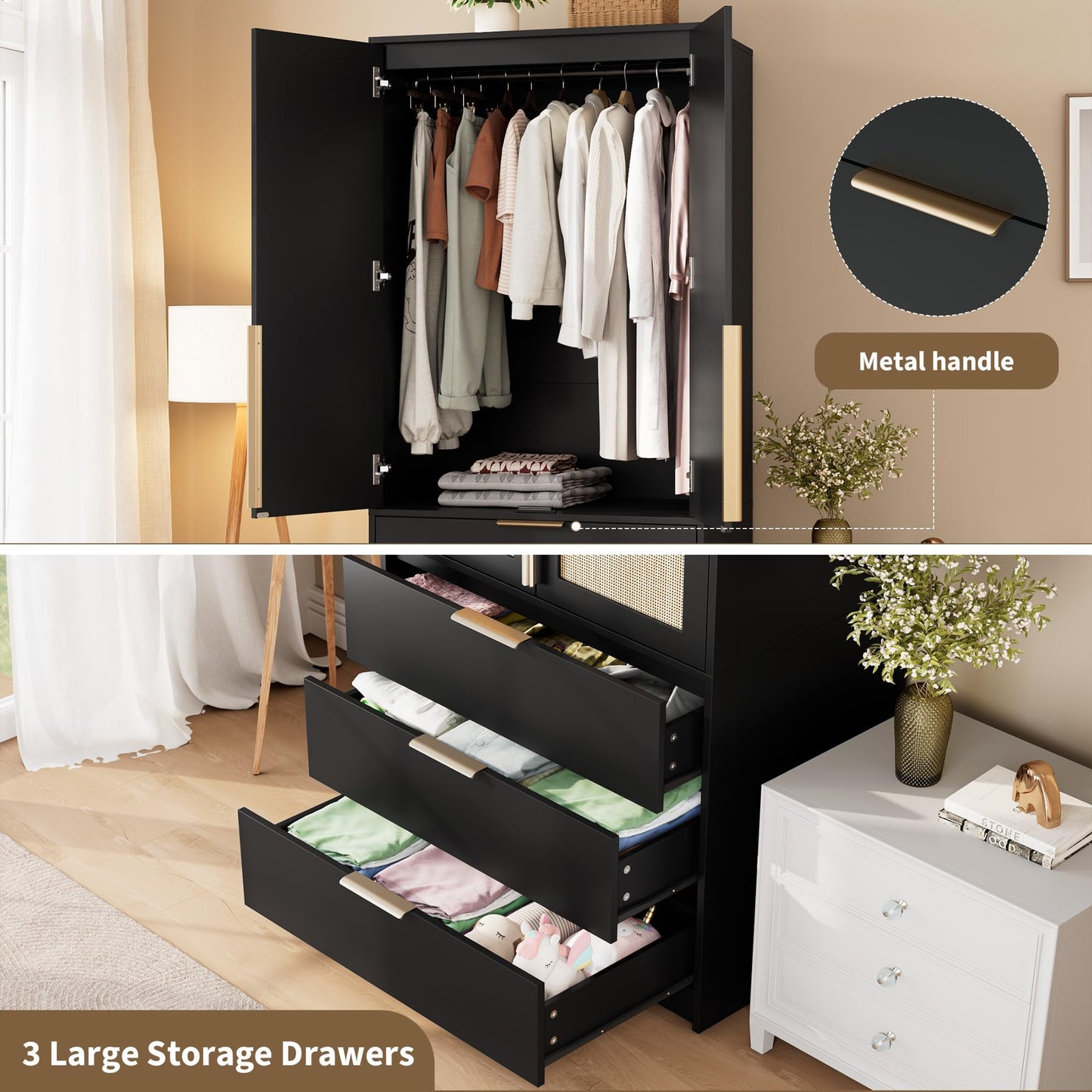 Garvee 70" Wardrobe Armoire Wooden Closet with 2 Doors and 3 Drawers, Bedroom Armoire with Hanging Rod Shelf, Large Capacity Storage Wardrobe Armoire, Freestanding Wooden Closet Storage Cabinet