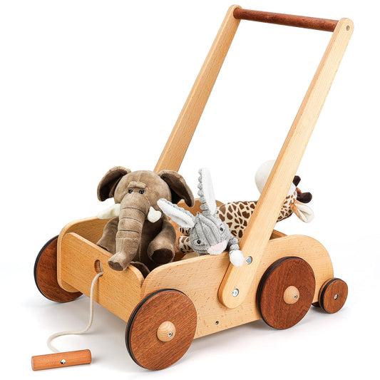 Woodtoe Wooden Baby Walker, Adjustable Speed Anti-Rollover Push Walker Toy for Babies Learning to Walk, Natural Toddler Push and Pull Toys Wagon, Montessori Birthday Toy Gift for Boy Girl 1 2 3 Years