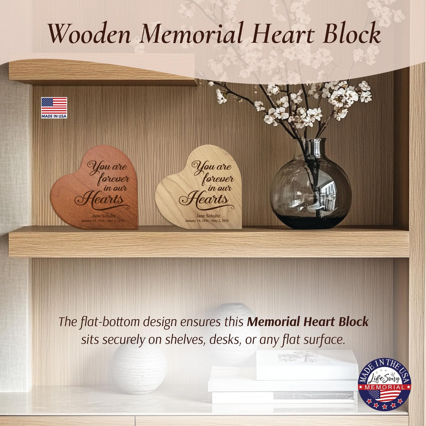 LifeSong Milestones Sympathy Gift Personalized Engraved Wooden Heart Block Shelf Sitter Memorial Bereavement Gifts Personalized Memorial Gifts for Loss of Loved One Celebration of Life Decorations - Cherry
