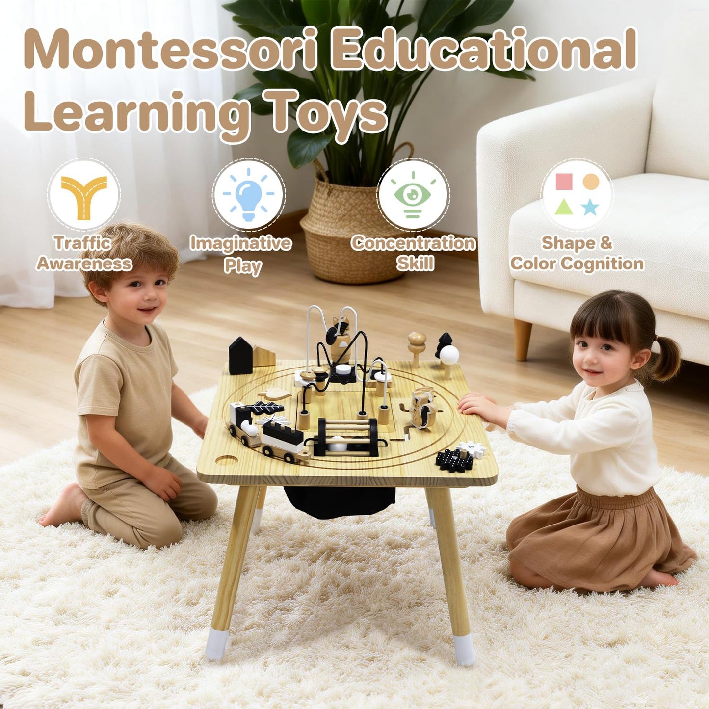 IDEA FAMILY Wooden Montessori Activity Table for Toddlers 1-3, Kids Play Sensory Toy Table, Activity Center with Bead Maze, Shape Sorter, Train Track, Educational Learning Toys for Girls Boys