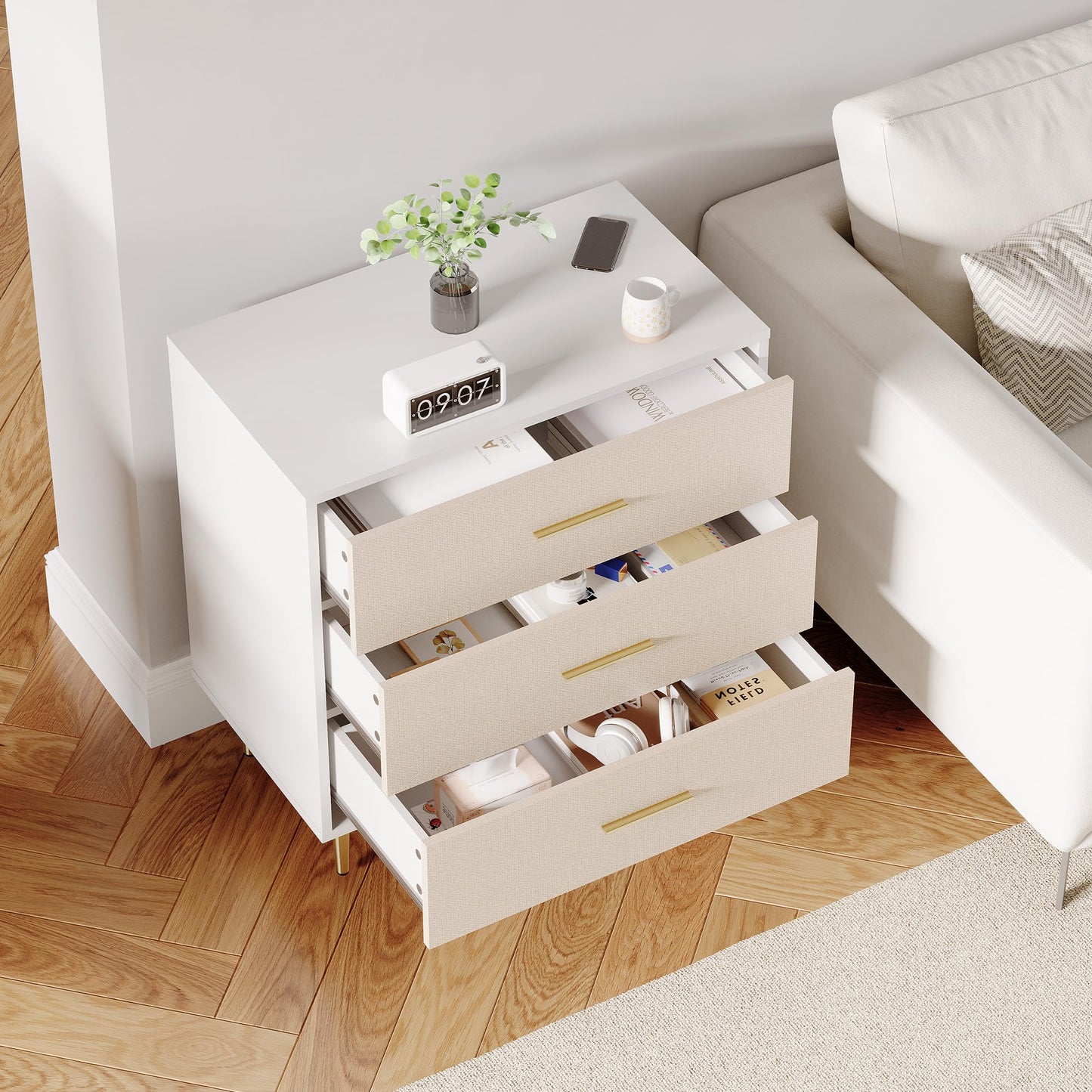 Garvee White Dresser, Modern 3 Drawer Dresser for Bedroom with Gold Handle and Legs, Wooden Nightstand with Linen-Textured Surface, Narrow Accent Cabinet End Table for Living Room, Hallway, Entryway