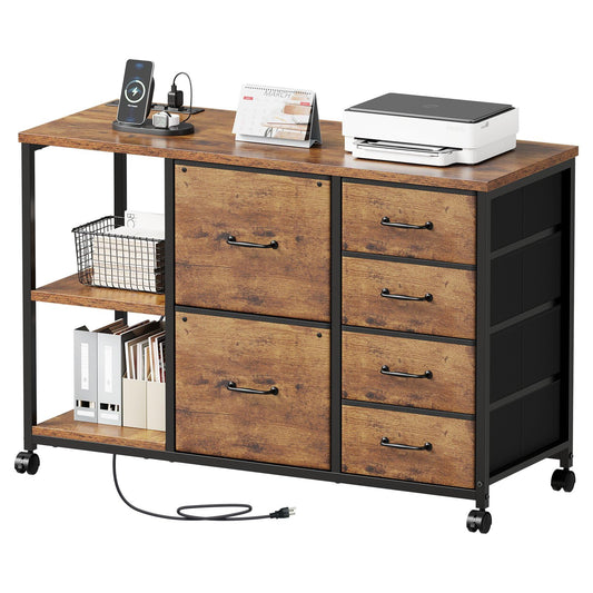 Maihail 6 Drawer File Cabinet with Charging Station Rolling Printer Stand with Open Storage Shelf Fabric Lateral Filing Cabinet for Home Office,Rustic Brown2
