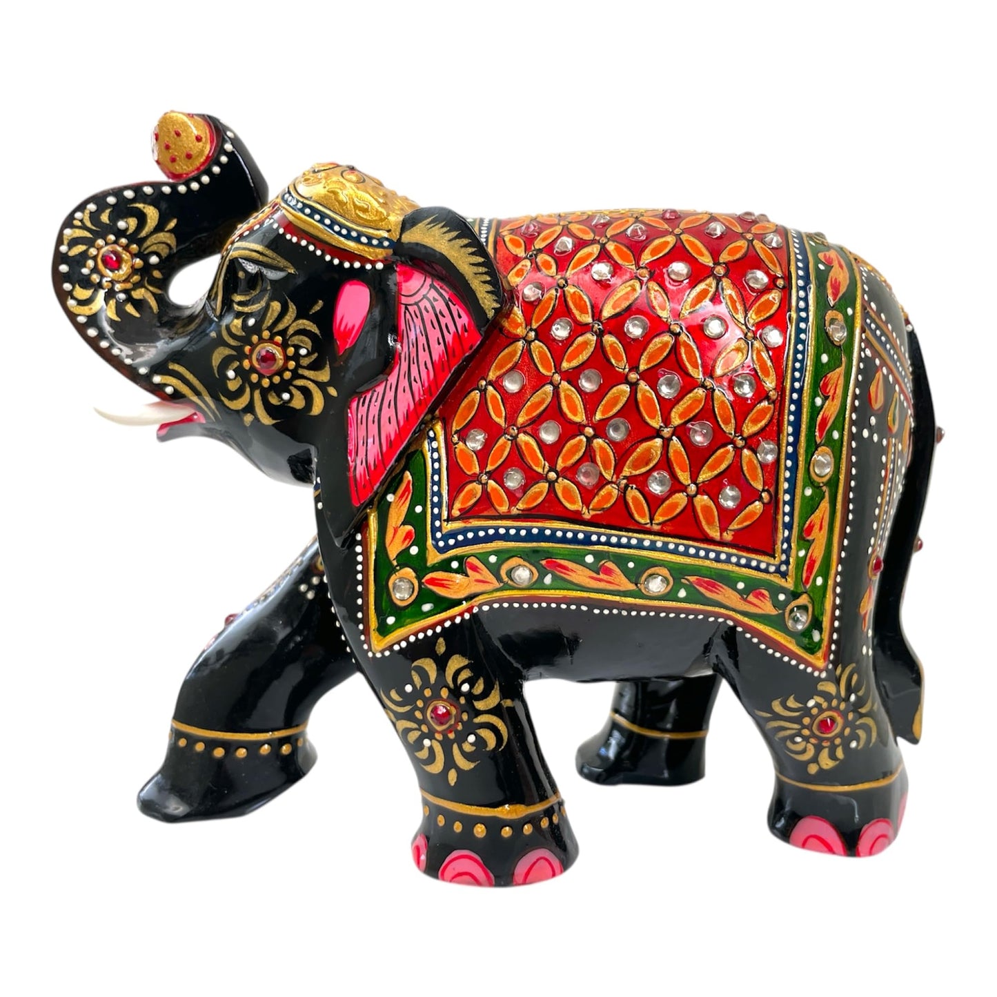 Modern Handcrafted Wooden Elephant Figurine – Trunk up Design with Gemstone Accents | Artistic Decorative Elephant Statue for Home Decor, Office, Gifts – Symbol of Protection & Wisdom (Black & Gold)