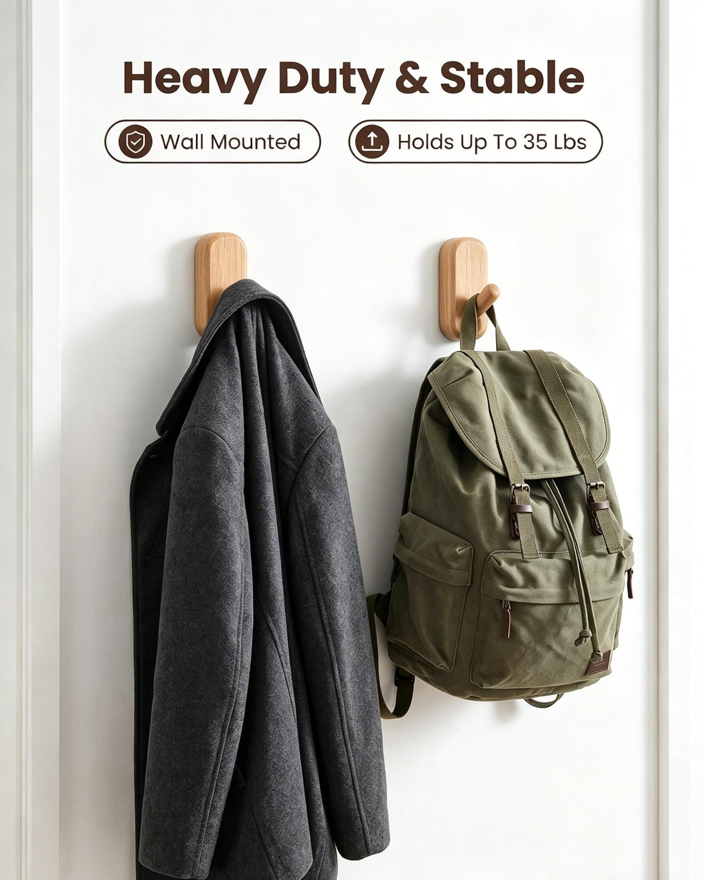 FCOWK Wooden Wall Hooks for Hanging - 4 Pack Heavy Duty Coat Hooks Wall Mount- Solid Natural Wood Hat, Bag, Backpack & Towel Hooks - Modern Key Holder for Bathroom & Entryway (Beech)
