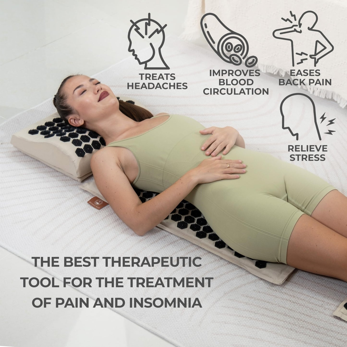 BalanceMate® Acupressure Mat Set with 6,210 Pressure Points for Pain Relief and Relaxation Kit for Back, Neck, and Sleep – Yoga and Meditation Pillow (Soft Cream)