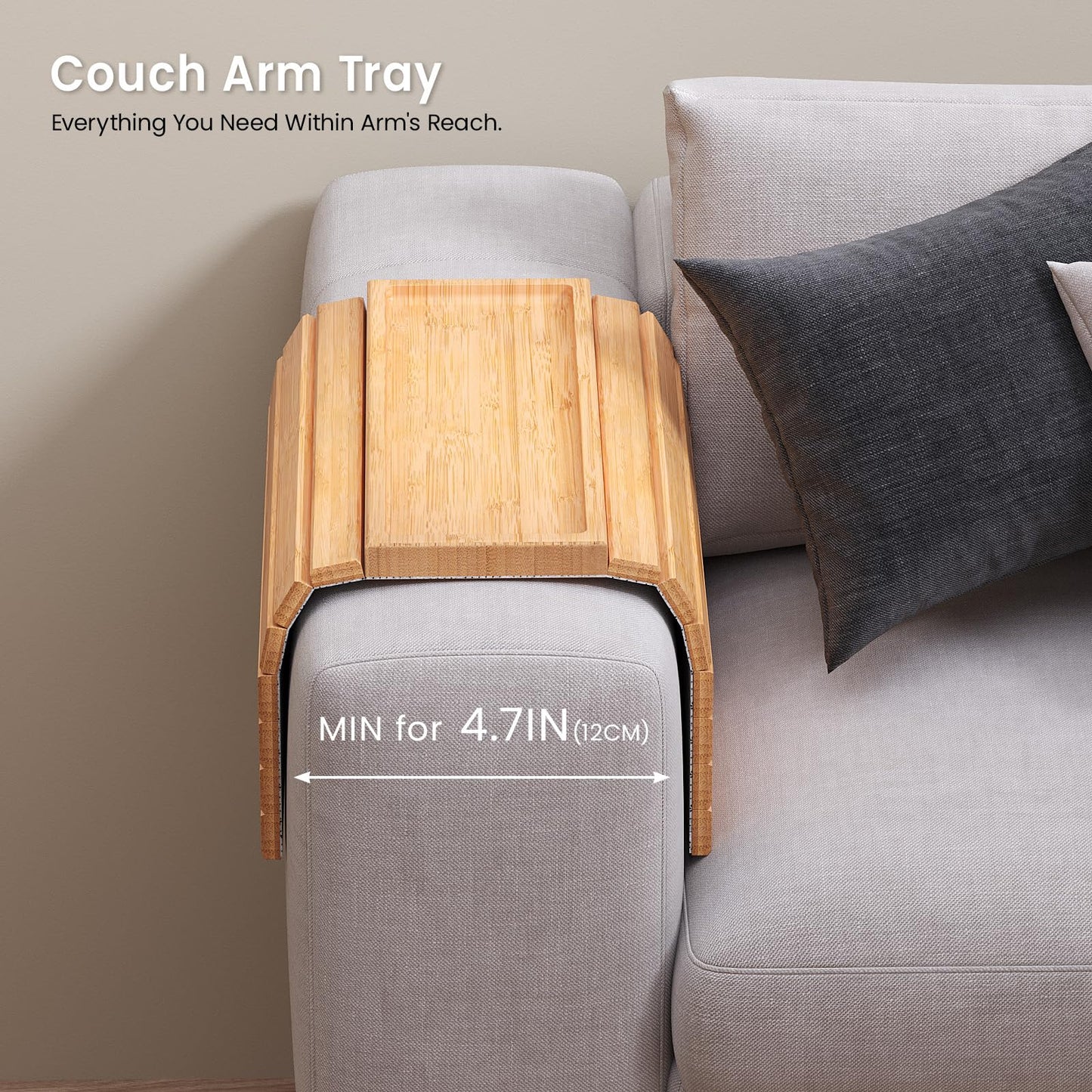 Danfoxer 2 Pack Sofa Arm Tray,Bamboo Folding Couch Arm Tray,Sofa Armrest Tray with Anti-Slip Pad for Drinks,Snacks,Phone,Remote Control（Natural）