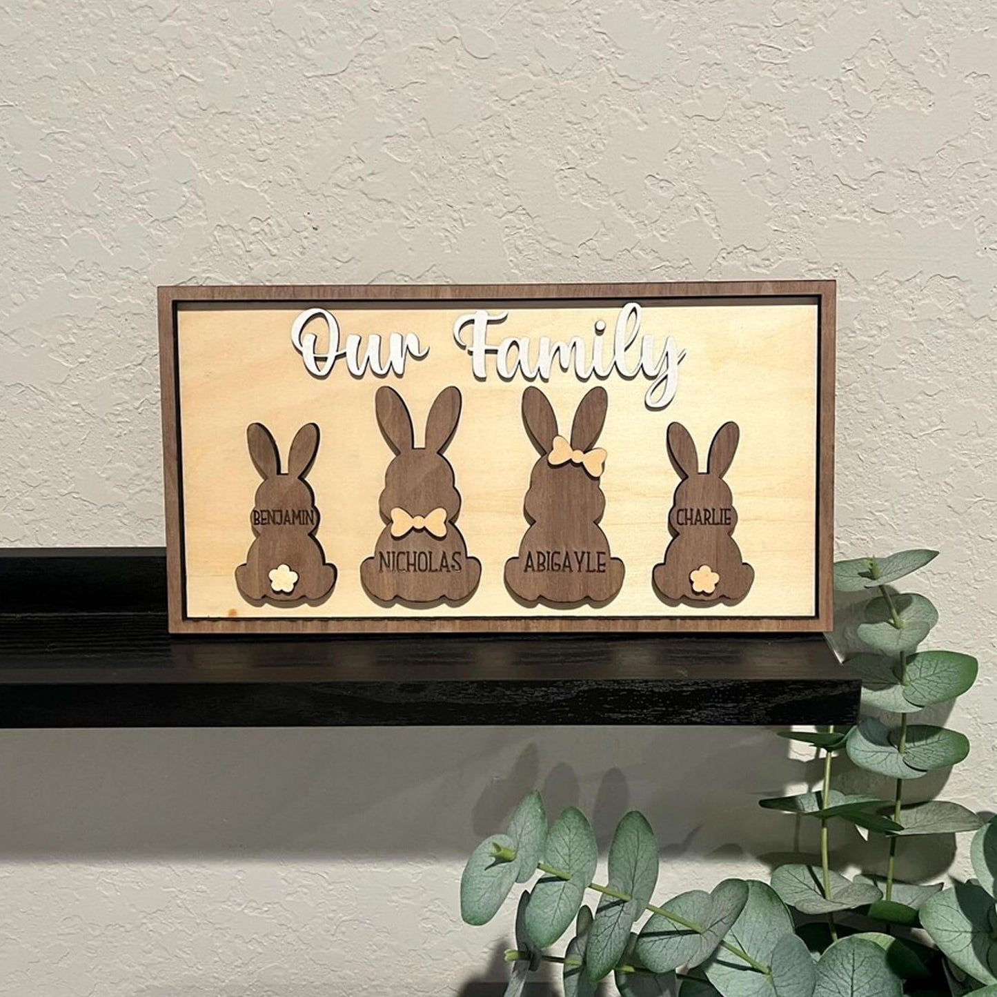 Personalized Bunny Family Sign – Custom Wooden “Our Family” Easter Bunny Name Plaque, Rustic Layered Rabbit Home Decor for Spring, Mantel, Shelf, Farmhouse Gift for Mom & Family 1