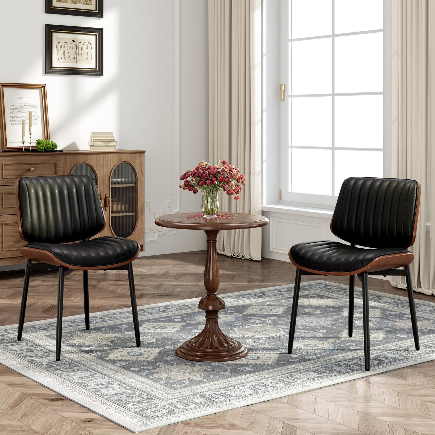 MALOL Leather Dining Chairs Set of 6, Modern Upholstered Dining Room Kitchen Chairs with Metal Legs and Wooden Back Support for Home Dining Room/Restaurant, Black