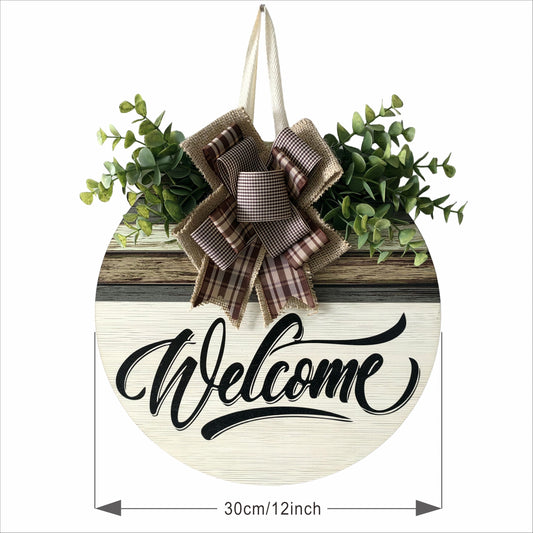 Welcome sign front door wreath decoration four seasons porch decoration pendant gift outdoor indoor door welcome sign country style round wooden wreath wall hanging outdoor decoration fence decoration