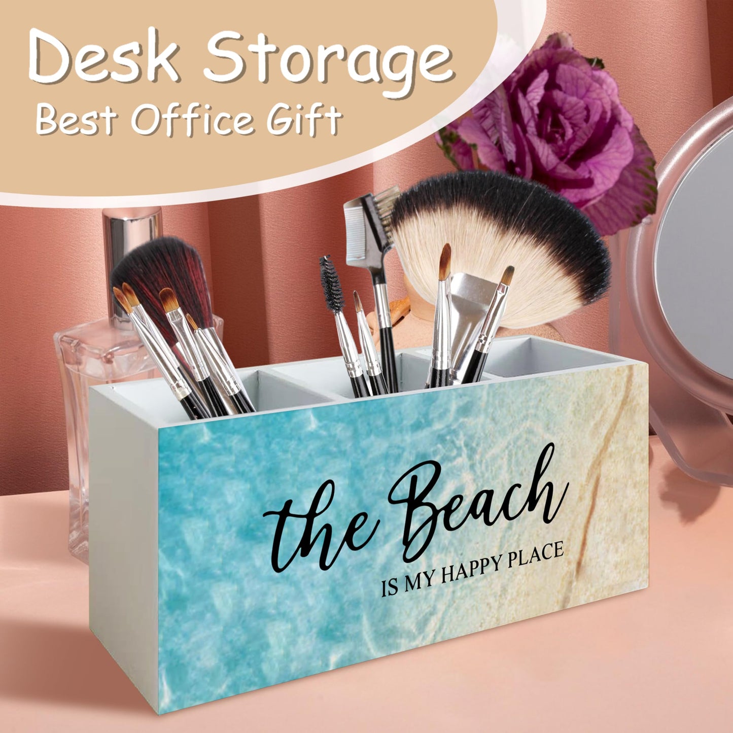 YTRGI Beach Gifts for Women Men, The Beach Is My Happy Place Pen Holder for Home Office Kitchen Desk Decor, Beach Wooden Pencil Holder Sign Organizer for Home Office Desk Accessories,