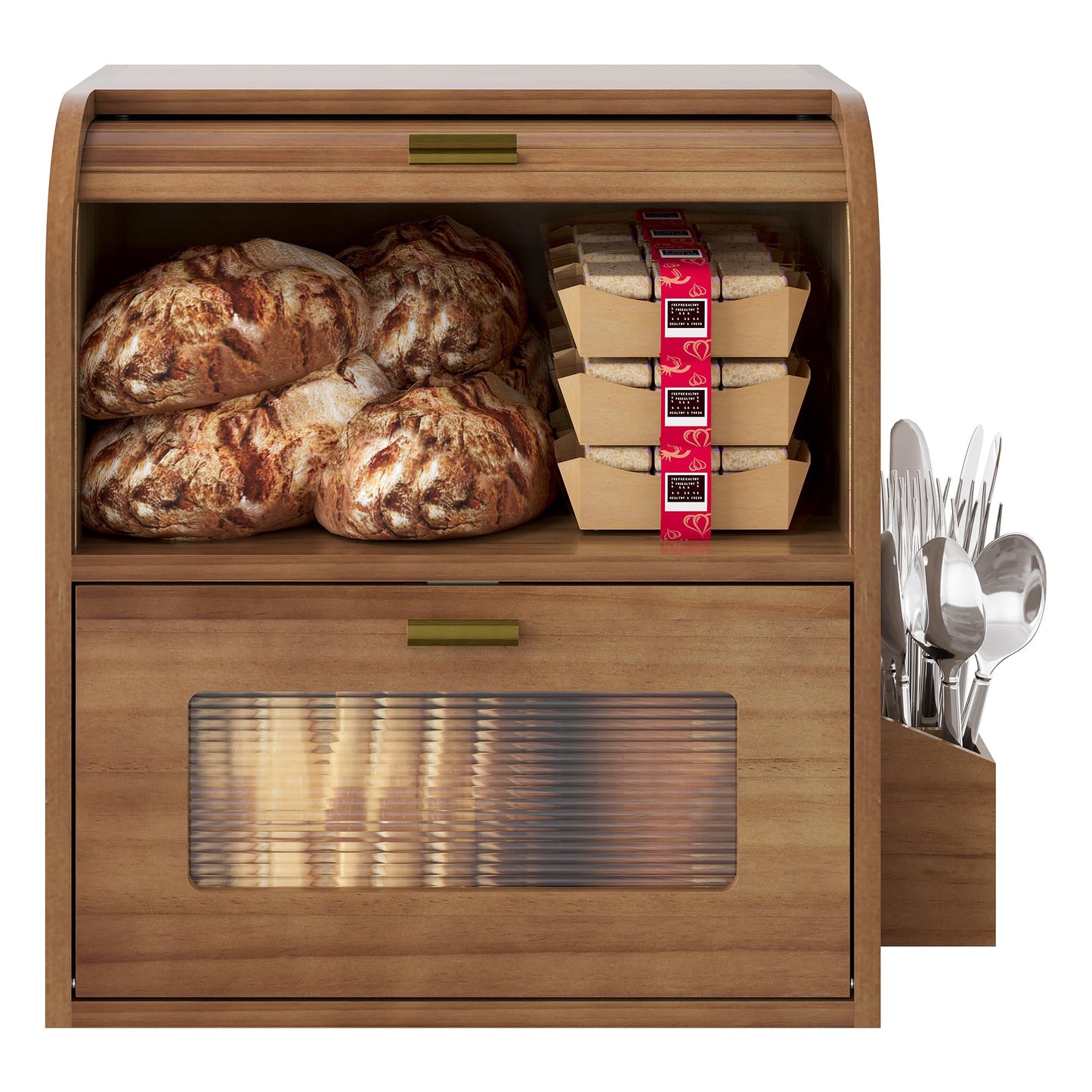 TQVAI Roll Top Bread Box for Kitchen Countertop, Keep Fresh Longer, Easy to Maintenance, Double Layer Vintage Wooden Breadbox with Window for Homemade Bread, Sandwich Loaves, Baked Goods (Retro Brown)