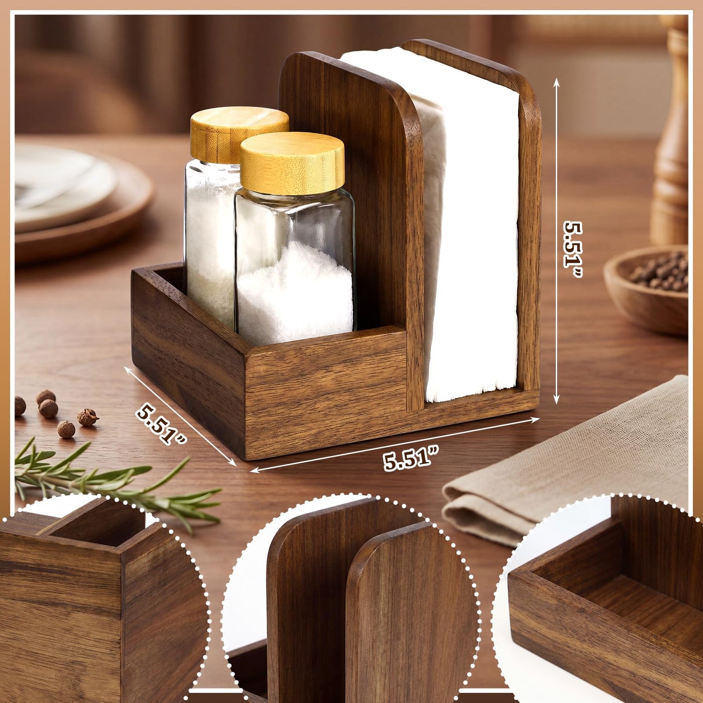 Mifoci 2 Pcs Acacia Wood Napkin Holder for Table Farmhouse Wooden Napkin Holder with Salt and Pepper Shakers Condiment Caddy Standing Paper Storage Centerpiece for Kitchen Dining Table Decoration