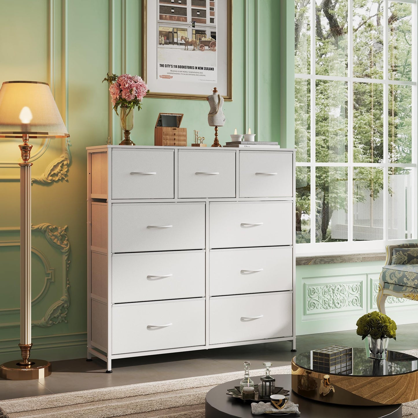 WLIVE 9-Drawer Dresser & Nightstands for Bedroom Set of 2, Organizer Unit for Bedroom with Fabric Bins, Steel Frame, Wood Top, Easy Pull Handle, White
