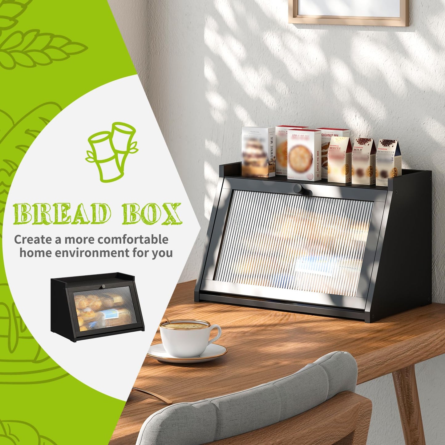 BMOSU Bread Box for Kitchen Countertop Large Capacity Corner Bread Box Farmhouse Bread Container Bread Storage Bread Holder (Black, Large)