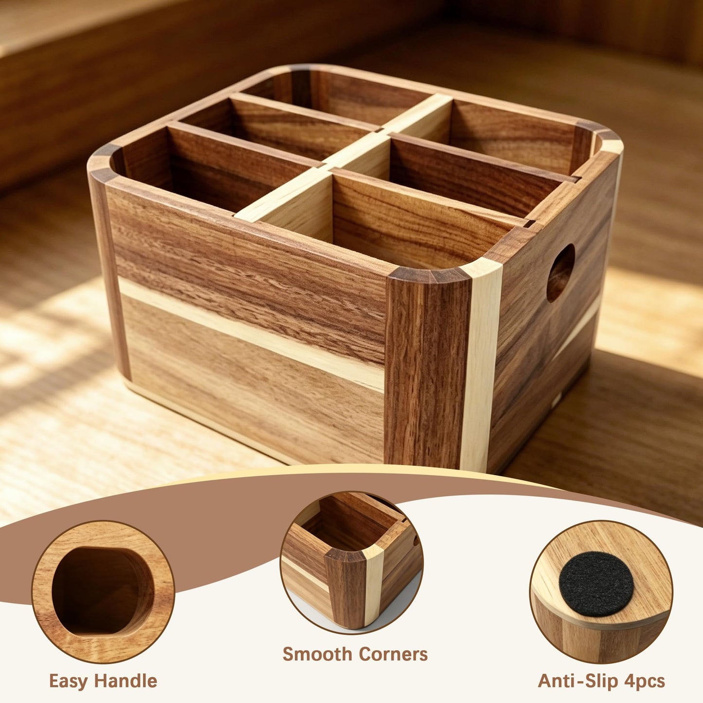 LEEBICHEN Remote Control Holder, Acacia Wood TV Remote Holder with 5 Adjustable Dividers, Desk Organizer for Remotes, Office Supplies, Coffee Table, Living Room, Bedroom, Nightstand