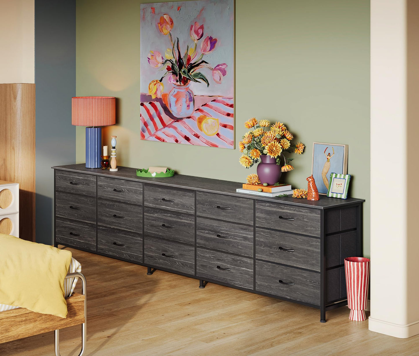 Huuger 86.6 Inch Dresser for Bedroom, TV Stand for 65, 75, 85 Inch TV, 15 Fabric Drawer Long Dresser, Large Entertainment Center for Bedroom, Wide Chest of Drawer with Storage, Charcoal Black