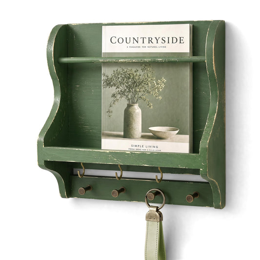 Pine Wood Mail Organizer Wall Mount for Room Decor - Mail Holder for Wall with 4 Key Hooks for Keys, Sunglasses & Wallets - Magazine Holder for Home Organization (Green)